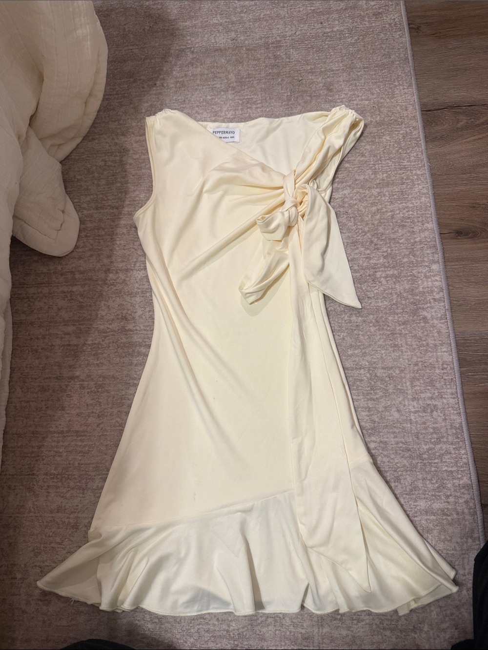 Peppermayo Cream One-Shoulder Tie Ruffle Dress
